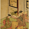Two women seated in a parlor by a bamboo stand overwhich an overcoat has been thrown, thus forming a sort of kotatsu.  One of the women holds an incense burner.  In the background is a go table