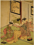 Two women seated in a parlor by a bamboo stand overwhich an overcoat has been thrown, thus forming a sort of kotatsu.  One of the women holds an incense burner.  In the background is a go table