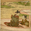 Two women in a pleasure boat. One of the women is pointing to some ducks swimming in the river near the further bank