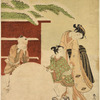 Two boys rolling a large snowball.  A woman standing behind one of them adjusting his clothing.  In the background a straw fence  and snow-laden bamboo branches