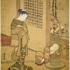 An oiran standing in a room looking down upon a small boy who has fallen asleep, his head upon his arms which are folded across a mill for grinding ceremonial tea.  Through an open doorway thre is a glimpse of a garden.  The wheel of a court wagon  indicates that the subject of the print is an analogue of a scene in the life of Prince Genji