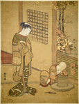 An oiran standing in a room looking down upon a small boy who has fallen asleep, his head upon his arms which are folded across a mill for grinding ceremonial tea.  Through an open doorway thre is a glimpse of a garden.  The wheel of a court wagon  indicates that the subject of the print is an analogue of a scene in the life of Prince Genji