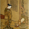 An oiran standing in a room looking down upon a small boy who has fallen asleep, his head upon his arms which are folded across a mill for grinding ceremonial tea.  Through an open doorway thre is a glimpse of a garden.  The wheel of a court wagon  indicates that the subject of the print is an analogue of a scene in the life of Prince Genji