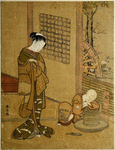 An oiran standing in a room looking down upon a small boy who has fallen asleep, his head upon his arms which are folded across a mill for grinding ceremonial tea.  Through an open doorway thre is a glimpse of a garden.  The wheel of a court wagon  indicates that the subject of the print is an analogue of a scene in the life of Prince Genji