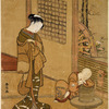 An oiran standing in a room looking down upon a small boy who has fallen asleep, his head upon his arms which are folded across a mill for grinding ceremonial tea.  Through an open doorway thre is a glimpse of a garden.  The wheel of a court wagon  indicates that the subject of the print is an analogue of a scene in the life of Prince Genji