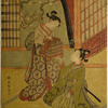 A young woman holding a cage containing a canary, and sitting on the floor before her a young man who is slipping a love letter under the cage.  In the background a branch of an uma tree in bloom appears through the black arch of an open window
