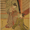 A young woman holding a cage containing a canary, and sitting on the floor before her a young man who is slipping a love letter under the cage.  In the background a branch of an uma tree in bloom appears through the black arch of an open window
