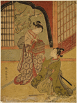 A young woman holding a cage containing a canary, and sitting on the floor before her a young man who is slipping a love letter under the cage.  In the background a branch of an uma tree in bloom appears through the black arch of an open window