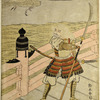 Benkei, the renowned henchman of Minamoto no Yoshitsune standing on Gojo Bridge in Kyoto, on a moonlight night and challenging all comers; a large white crane flying over his head