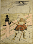Benkei, the renowned henchman of Minamoto no Yoshitsune standing on Gojo Bridge in Kyoto, on a moonlight night and challenging all comers; a large white crane flying over his head