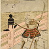 Benkei, the renowned henchman of Minamoto no Yoshitsune standing on Gojo Bridge in Kyoto, on a moonlight night and challenging all comers; a large white crane flying over his head