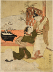 In a room which is openat the back, showing a dwarf ume tree in bloom in a black box, a man stands looking down upon a woman on her knees before him, holding a letter in her outstretched right hand while with her left she seizes his garments and pushes him backward