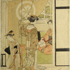 An oiran followed by her child attendant raising the portiere to enter a room where a woman is seated playing upon a samisen.   Through a window at the back a glimpse is afforded of the dote or path leading to the Yoshiwara and a man being carried in a kago