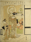 An oiran followed by her child attendant raising the portiere to enter a room where a woman is seated playing upon a samisen.   Through a window at the back a glimpse is afforded of the dote or path leading to the Yoshiwara and a man being carried in a kago