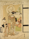 An oiran followed by her child attendant raising the portiere to enter a room where a woman is seated playing upon a samisen.   Through a window at the back a glimpse is afforded of the dote or path leading to the Yoshiwara and a man being carried in a kago