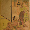 A young woman seated upon the floor of a room, endeavoring to restrain her lover who stands upon the engawa just without, an overcoat across his arm, about to take his leave.  Silhouetted upon the shoji in the background are the shadows of a woman bearing a sake kettle and a man holding a cup