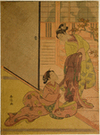 A young woman seated upon the floor of a room, endeavoring to restrain her lover who stands upon the engawa just without, an overcoat across his arm, about to take his leave.  Silhouetted upon the shoji in the background are the shadows of a woman bearing a sake kettle and a man holding a cup