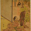 A young woman seated upon the floor of a room, endeavoring to restrain her lover who stands upon the engawa just without, an overcoat across his arm, about to take his leave.  Silhouetted upon the shoji in the background are the shadows of a woman bearing a sake kettle and a man holding a cup