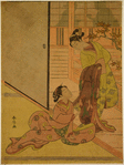 A young woman seated upon the floor of a room, endeavoring to restrain her lover who stands upon the engawa just without, an overcoat across his arm, about to take his leave.  Silhouetted upon the shoji in the background are the shadows of a woman bearing a sake kettle and a man holding a cup