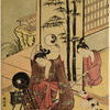 A young girl making her toilet before a mirror and holding up another to get a view of the back wave of her hair, and behind her a youth reaches out from the behind the fusuma and tickles her foot with a stick.  Beside her is a black and white cat with a red ribbon around its neck