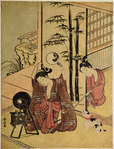 A young girl making her toilet before a mirror and holding up another to get a view of the back wave of her hair, and behind her a youth reaches out from the behind the fusuma and tickles her foot with a stick.  Beside her is a black and white cat with a red ribbon around its neck