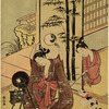 A young girl making her toilet before a mirror and holding up another to get a view of the back wave of her hair, and behind her a youth reaches out from the behind the fusuma and tickles her foot with a stick.  Beside her is a black and white cat with a red ribbon around its neck