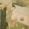 In a room in a house by a stream, in which iris are growing, a woman in transparent garments taking her young son to put him to bed beneath a mosquito net shown at the left