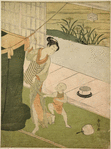 In a room in a house by a stream, in which iris are growing, a woman in transparent garments taking her young son to put him to bed beneath a mosquito net shown at the left