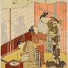 A girl, asleep before a hibachi, with a white cat curled up on her lap, and behind her a woman and a young girl have fastened a rope to her obi and are tying the other end to a post.  The comb has been taken from her back hair and fixed above her forehead. Shadows of musicians are silhouetted upon the shoji in the background