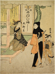 O Fuji in her father's shop Moto Yanagiya (The house of a thousand willows) turning to look at a young man in a black zukin who is being led by a little kamuro to her mistress in the Yoshiwara and has stopped to ogle the daughter of Niheiji