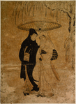 Two lovers, the man in black garments and the woman in white, with an obi of black and pink stripes, walking together under an umbrella in a snowstorm