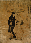 Two lovers, the man in black garments and the woman in white, with an obi of black and pink stripes, walking together under an umbrella in a snowstorm