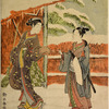 A young man and young woman standing in snow and taking leave of each other outside a covered gate and fence of orange red color, beyond which appear bamboo branches heavily snow-laden