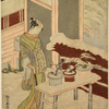 A tall oiran standing in the snow, with a large knife in her hand, before a bench on which are three dwarf trees in pots.  In the background the walls of a house and a red fence of bamboo branches heavily snow laden
