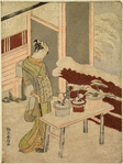 A tall oiran standing in the snow, with a large knife in her hand, before a bench on which are three dwarf trees in pots.  In the background the walls of a house and a red fence of bamboo branches heavily snow laden