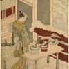 A tall oiran standing in the snow, with a large knife in her hand, before a bench on which are three dwarf trees in pots.  In the background the walls of a house and a red fence of bamboo branches heavily snow laden
