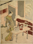 A tall oiran standing in the snow, with a large knife in her hand, before a bench on which are three dwarf trees in pots.  In the background the walls of a house and a red fence of bamboo branches heavily snow laden