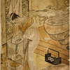 An oiran in night attire standing by an andon and trimming the lamp with a hairpin.  Back of her is her bed with futon piled on it and a tobakobon and pipe beside it.  At the left a screen with a kimono thrown over it