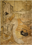 An oiran in night attire standing by an andon and trimming the lamp with a hairpin.  Back of her is her bed with futon piled on it and a tobakobon and pipe beside it.  At the left a screen with a kimono thrown over it