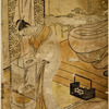 An oiran in night attire standing by an andon and trimming the lamp with a hairpin.  Back of her is her bed with futon piled on it and a tobakobon and pipe beside it.  At the left a screen with a kimono thrown over it