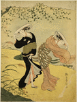 Two women with wide straw hats, under a willow tree in an autumn gale. Wind-blown suzuki grass indicates the season of the year