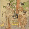 A man and his wife and daughter standing beneath a torii watching the flight of a bird and setting free another, with green plumage, which the woman holds in her hand.  By the torii a cage of similar birds and traps for ensnaring them
