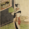 A young man disguised as a komuso, with a basket hat and clarionet secretly visiting tow girls whose heads appear behind a barred window