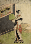 A young man disguised as a komuso, with a basket hat and clarionet secretly visiting tow girls whose heads appear behind a barred window