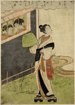 A young man disguised as a komuso, with a basket hat and clarionet secretly visiting tow girls whose heads appear behind a barred window
