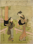 O-sen, a waitress at the Kagiya teahouse at Kasamori temple, famed throughout Edo for her beauty, wiping a tea bowl and turning to greet a girl who is bringing her a spring flower in a small pot.  In the background the post of the torii of the Shinto temple and benches piled with utensils for serving tea