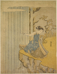 A young woman seated on a projecting crag by a waterfall, one arm bare to the shoulder outstretched so that her hand reaches the water, and the other hand raised to her ear.  With head averted from the cascade she is looking at some person below her.  Back of her a branch of the maple tree rises above the rock