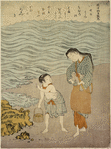 A woman and a small boy on the beach by the sea at Ise, the woman wringing water from her sleeve and talking to the boy, who has bare shoulders and legs and carries a basket in which he is gathering sea weed