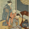 A young boy fastening a strip of paper to one of the hairpins of his elder sister who has fallen asleep while cooking rice over a hibachi set upon a stand at the right.  Back of them a woman stands looking on