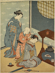 A young boy fastening a strip of paper to one of the hairpins of his elder sister who has fallen asleep while cooking rice over a hibachi set upon a stand at the right.  Back of them a woman stands looking on